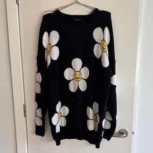 Black Crewneck Sweater with White Daisy Smiley Motifs